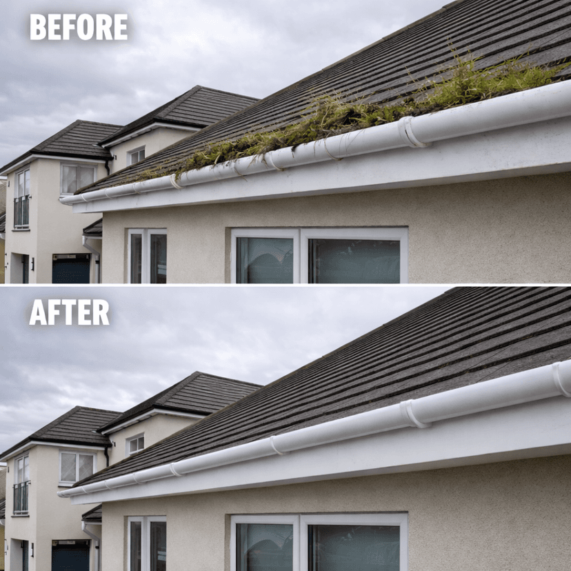 Gutter cleaning before and after - residential property