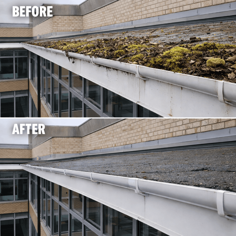 Gutter cleaning before and after - commercial building