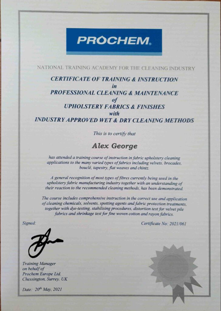 Upholstery Cleaning Certificate